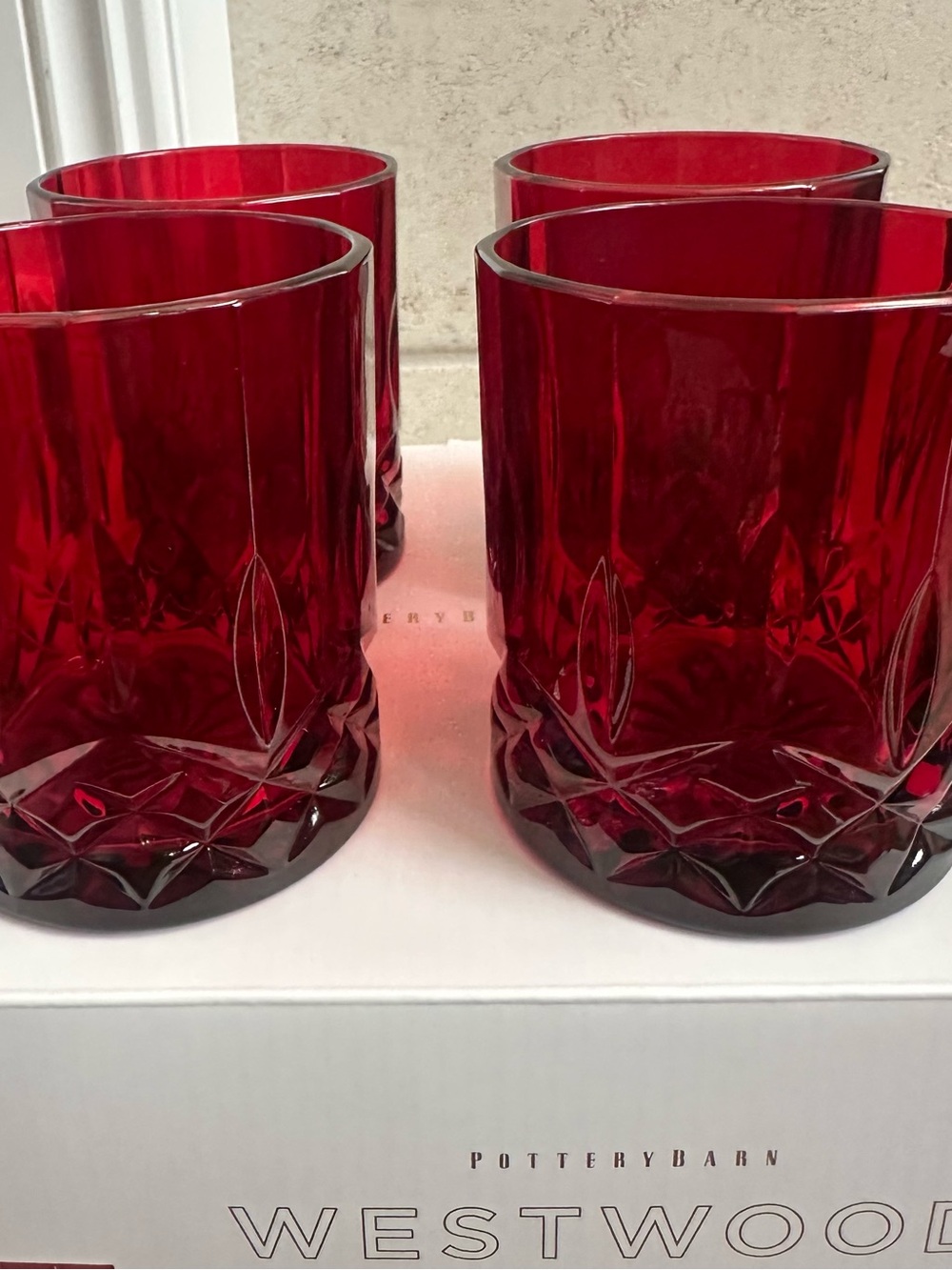 New Pottery Barn Westwood Double Old Fashioned Glasses Holiday Red Set of 4